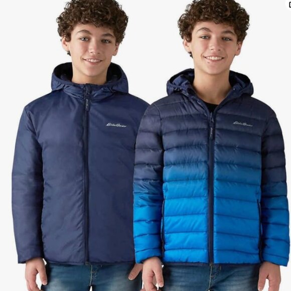 Eddie Bauer Reversible Down Puffer Jacket Kids Size Large 14/16 Blue Ombre